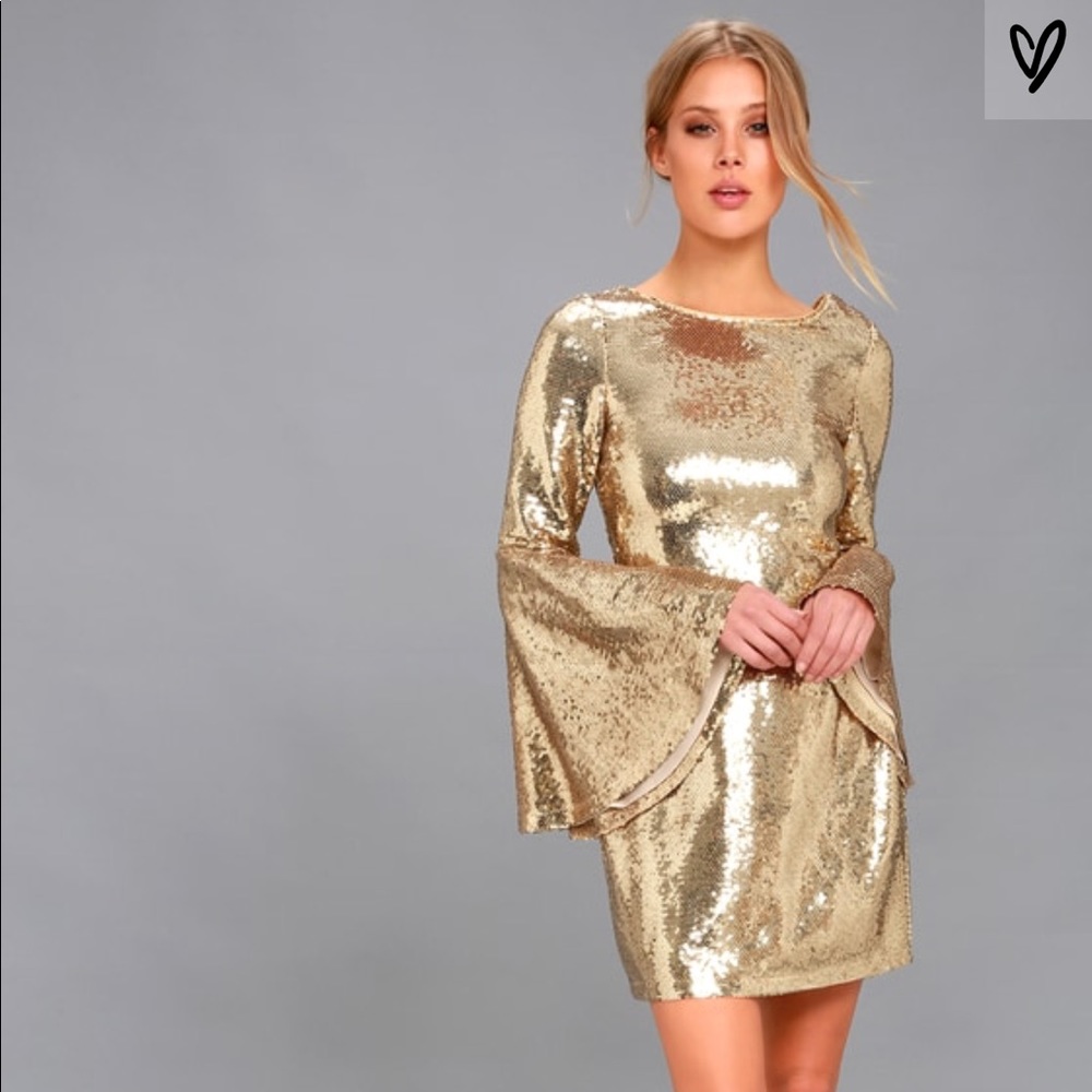 Lulu’s Gold Sequin Bell Sleeve Dress - NWT